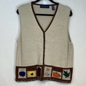 Vintage Karen Scott Fall Sweater Vest Women's XL Beige Brown Embroidered EUC